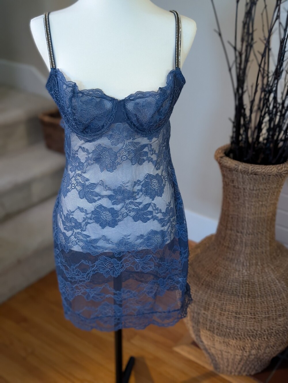 Blue Lace Babydoll Chemise Sheer Floral Lingerie Chain Strap VS NWT Size L